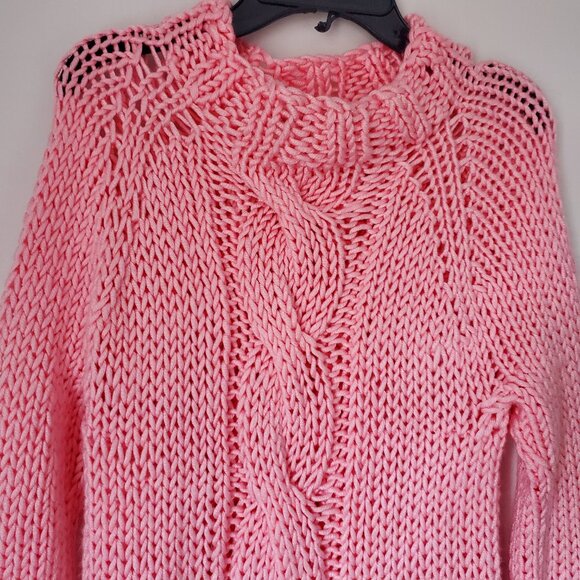 Women's Fall Sweater Knitted Barbie Pink Cable Knit Fisherman Design Long Cozy - Picture 7 of 8